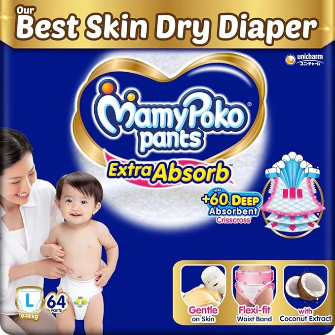 MamyPoko Pants Extra Absorb Baby Diapers, Large (L size) | 9-14 kg | 64 Count