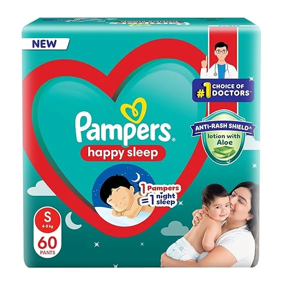 Pampers  Happy Sleep Diaper, Small (S), 60 Count.