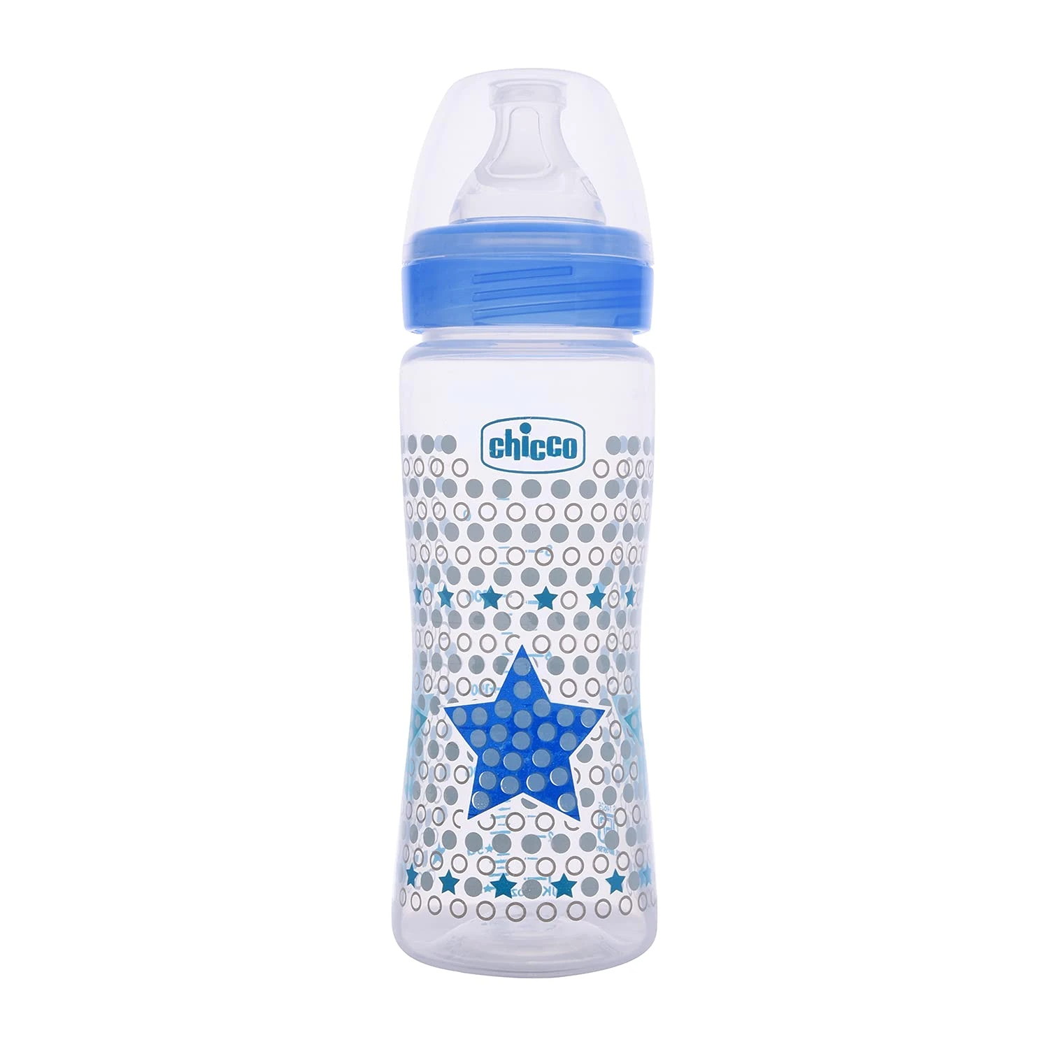 Chicco Well-Being 330 ml Feeding Plastic Bottle, Advanced Anti-Colic System, BPA Free, Hygienic Silicone Teat (Blue)