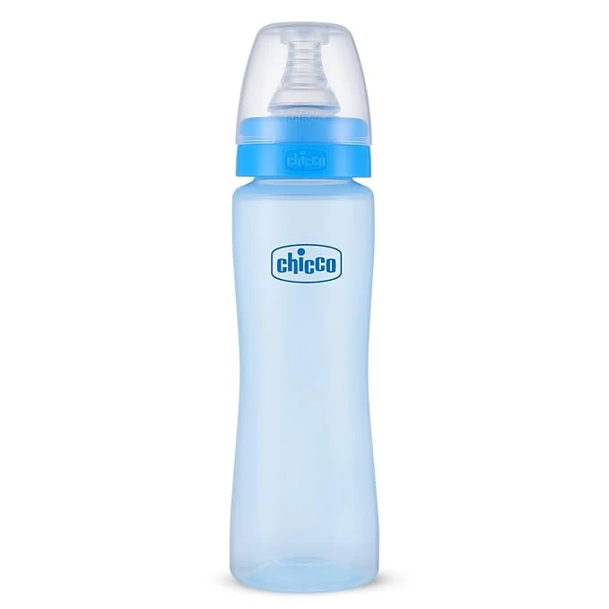 Chicco Feed Easy Milk Feeding Plastic Bottle for Babies & Toddlers, V-Shaped Anti-Colic System to Prevent Colic, Gas & Discomfort, BPA-Free, Medium Flow, 2m+ (250ml, Blue)