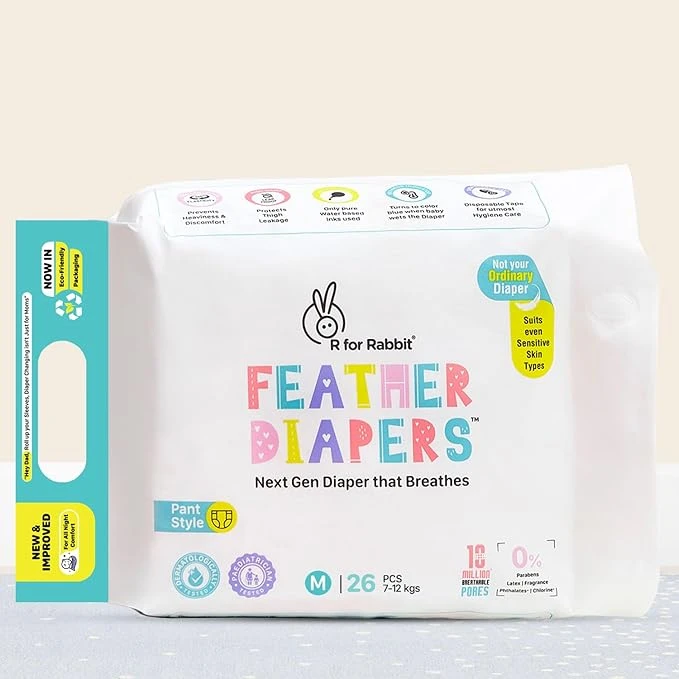 R for Rabbit Medium m 26 Size Premium Feather Diaper for Baby 7 to 12 kgs