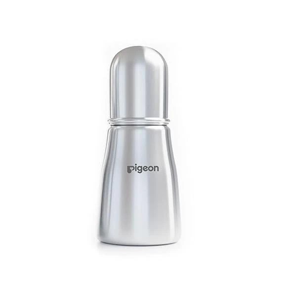 Pigeon Stainless Steel Infant Baby Feeding Bottle, BPA Free, Anti-Colic, Plastic-Free, Medium-Flow Nipple Slim Neck Steel Feeding Bottle 150ml-S Size
