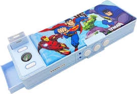 Multipurpose Suparmen tin Pencil Geometry Box with Dual Sharpener for Girls and Boy
