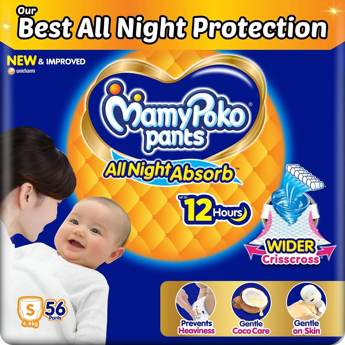 Mamypoko pants All night absorb|  Diapers Small Size(S)- 56 Count, Ideal for 4-8Kgs