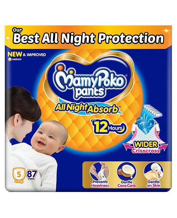 MamyPoko Pants All Night Absorb Baby Diapers, Small (S size) | 4-8 kg | 87 Count