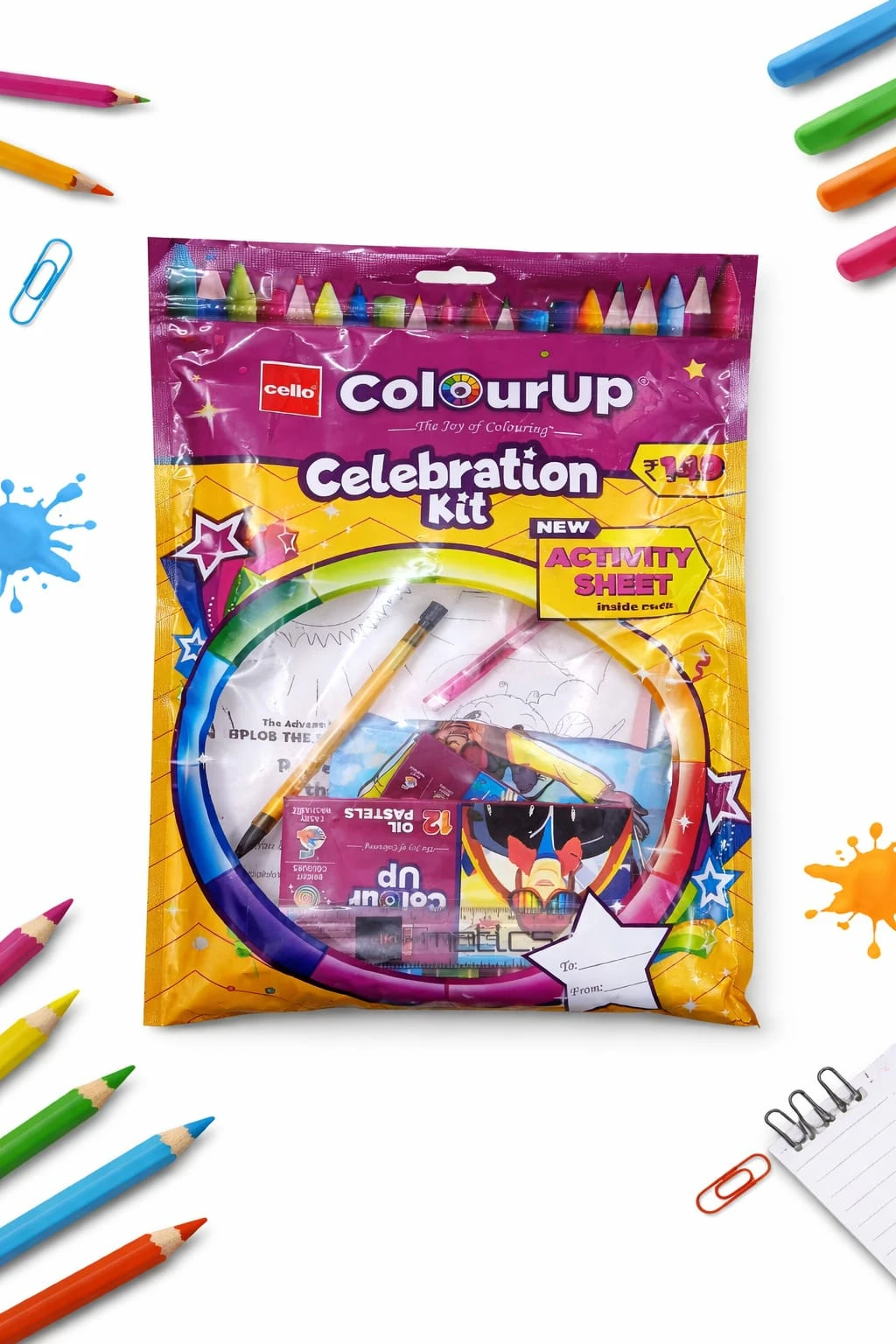 Cello Colourup Celebration Kit Gift Pack|8 Wax Crayons Colour Set|12 Oil Pastels|15 Mini Sketch Pens|