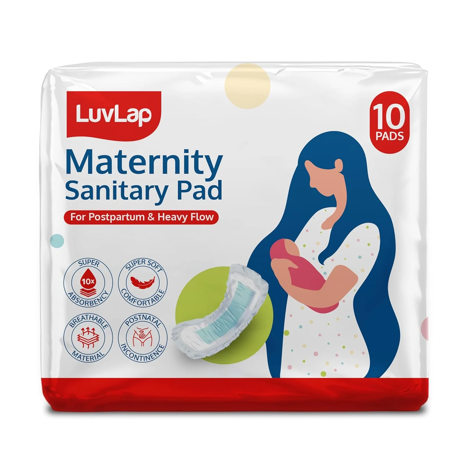 LuvLap Extra Absorbent Maternity Pad, Pack of 10 Pads, 0-2 Weeks Post-Birth