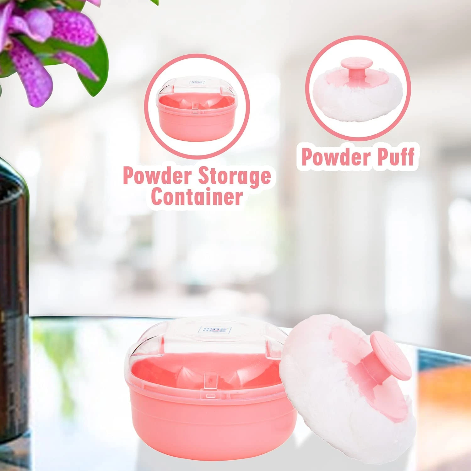 Mee Mee Soft Feel Baby Powder Puff - BPA Free | Box Holder Container for New Born and Kids | Pink Color (Single Pack)