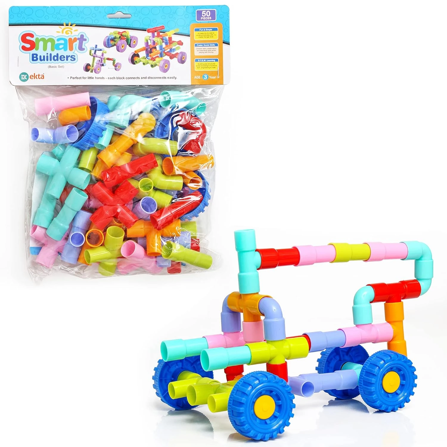 Ekta Smart Builders Block Game for Kids (Multicolor, Big Size) - 50 Pieces