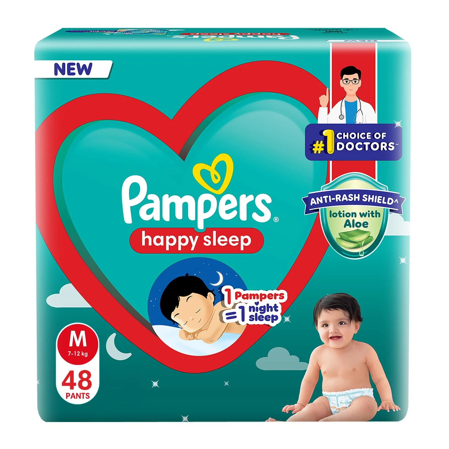 Pampers Happy Sleep Pant Style Baby Diapers, Medium (M), 48 Count,7-12 Kg Diapers