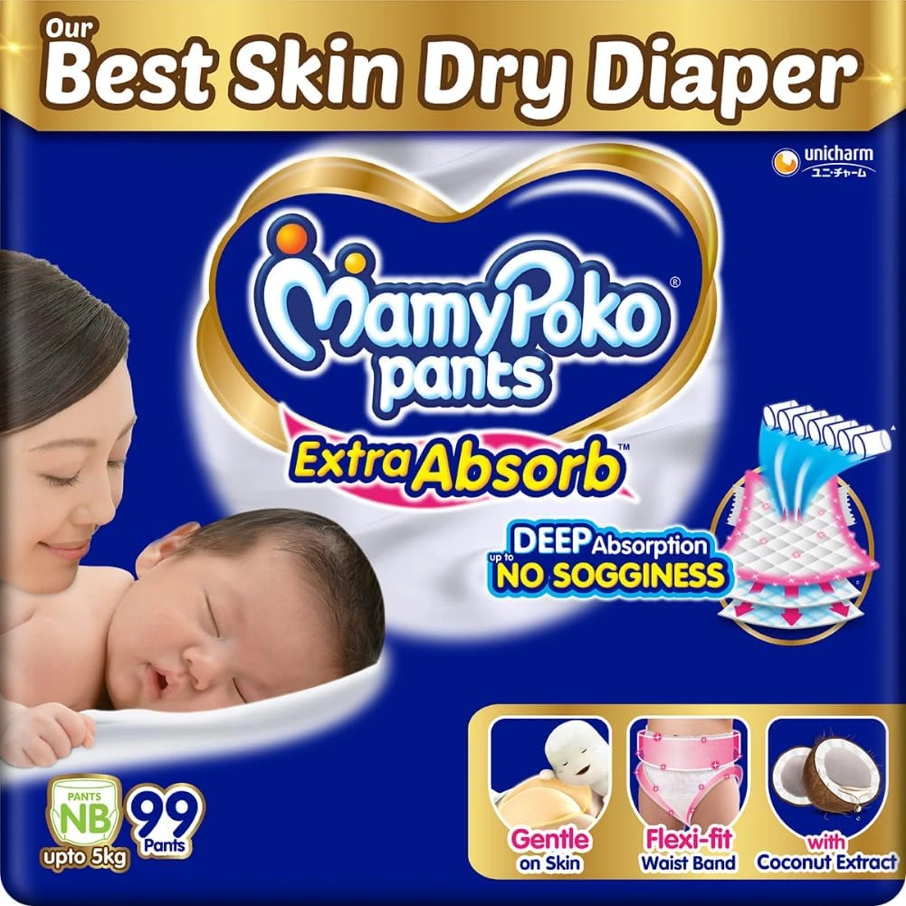 MamyPoko Pants Extra Absorb Baby Diapers, New Born(NB) - 99 Count