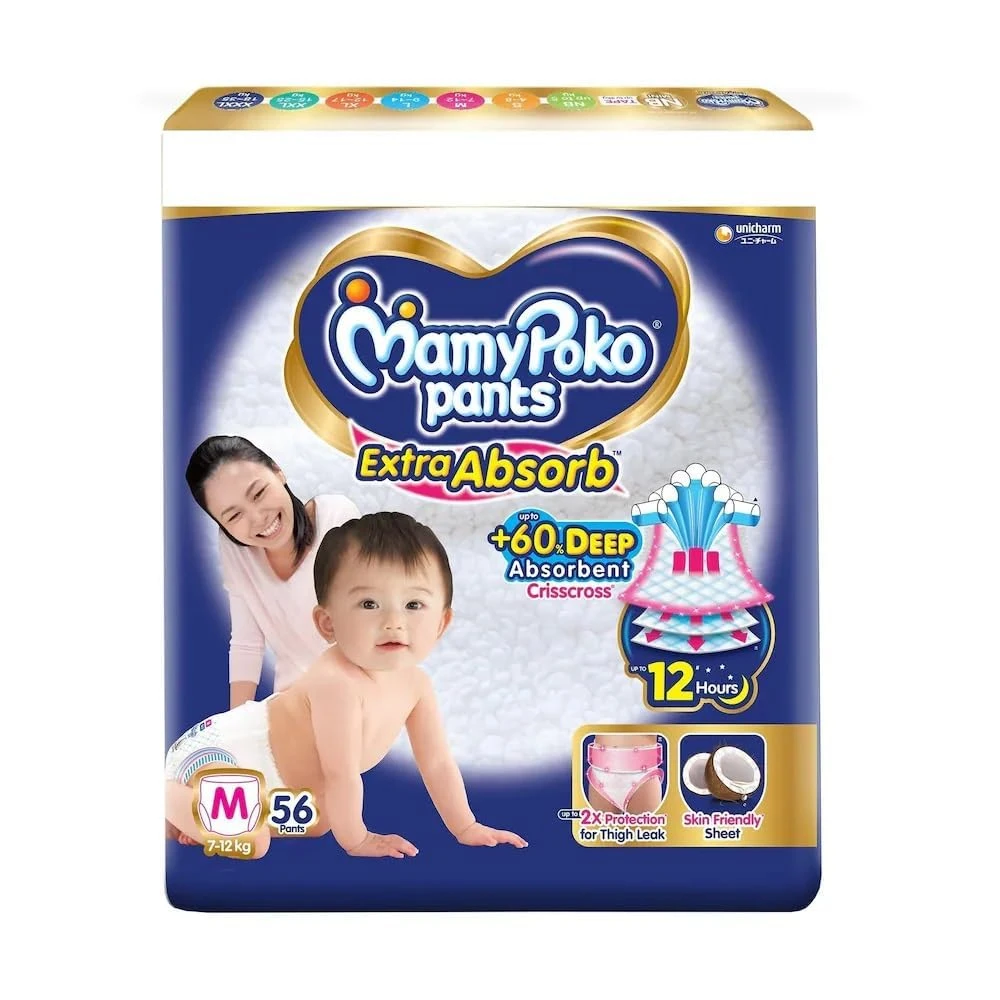MamyPoko Pants Extra Absorb Baby Diapers, Medium (M Size) | 7-12 kg | M-56 Count