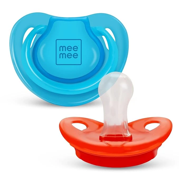 Mee Mee Baby Pacifier Ultra Light Soft Silicone Nipple| BPA Free | Oral stimulatory | Teether | Pack of 2 | 0-6 months + Kids (Blue/Red)