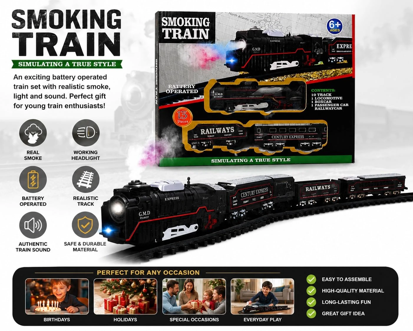 Rechargeable Vintage Black Rail King Train Set for Kids