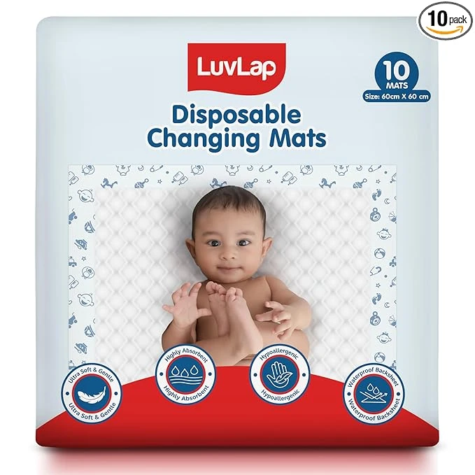 LuvLap Disposable Baby Underpad Cum Changing Mats, 10 Count 60x60 CM Waterproof Pads for Baby, Breathable Underpads act as 100% Water Proof Bed Protector, Non Slip Backsheet, Hypoallergenic