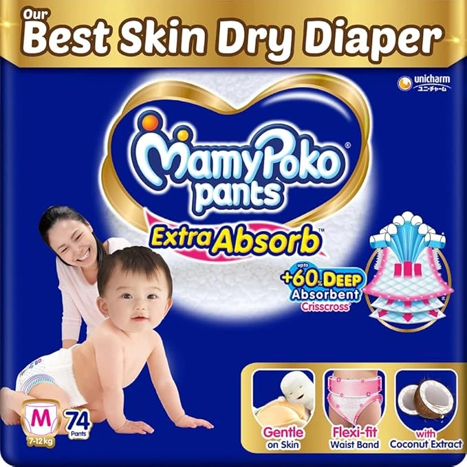 MamyPoko Pants Extra Absorb Baby Diapers (M size) |74 Count