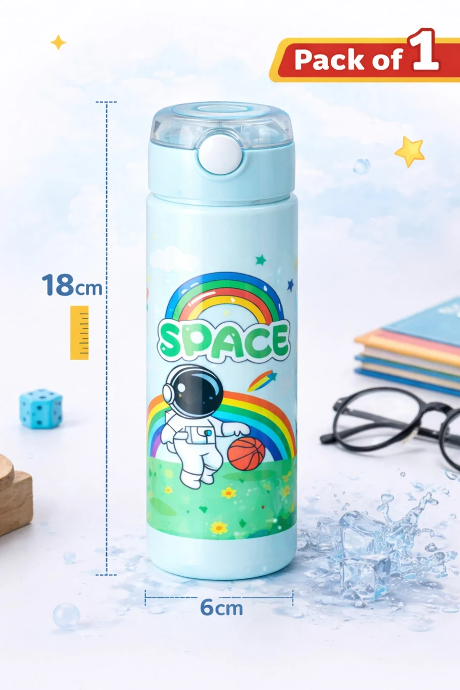 Space Printed Kids Water Bottle Color Sky Blue