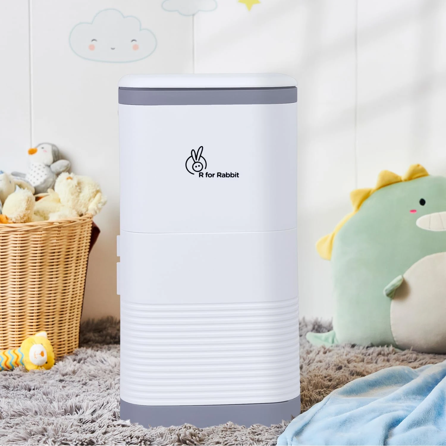 R for Rabbit Hygo Bin Babies Diaper Pail | Portable Diaper Bin with Built-in Odor Controlling Carbon Filter | Child Safety Lock with Magnetic Smart Lid - Grey White