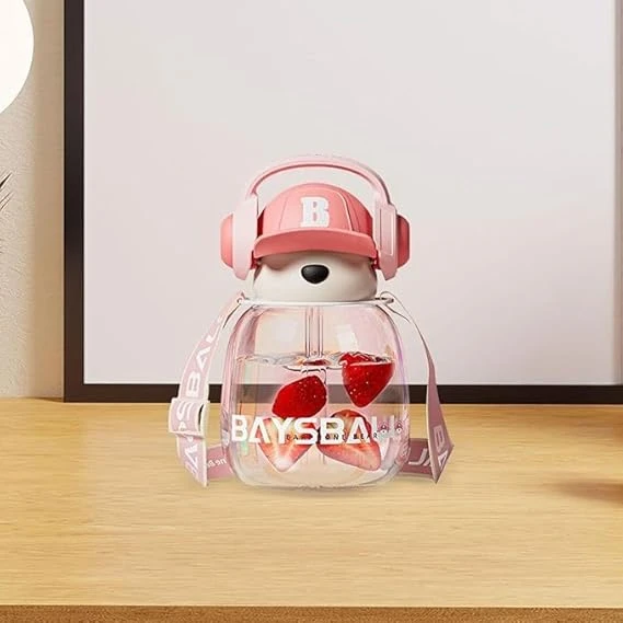 Water Bottle – Cute Design with Headphones & Strap For kids Color-( Pink )
