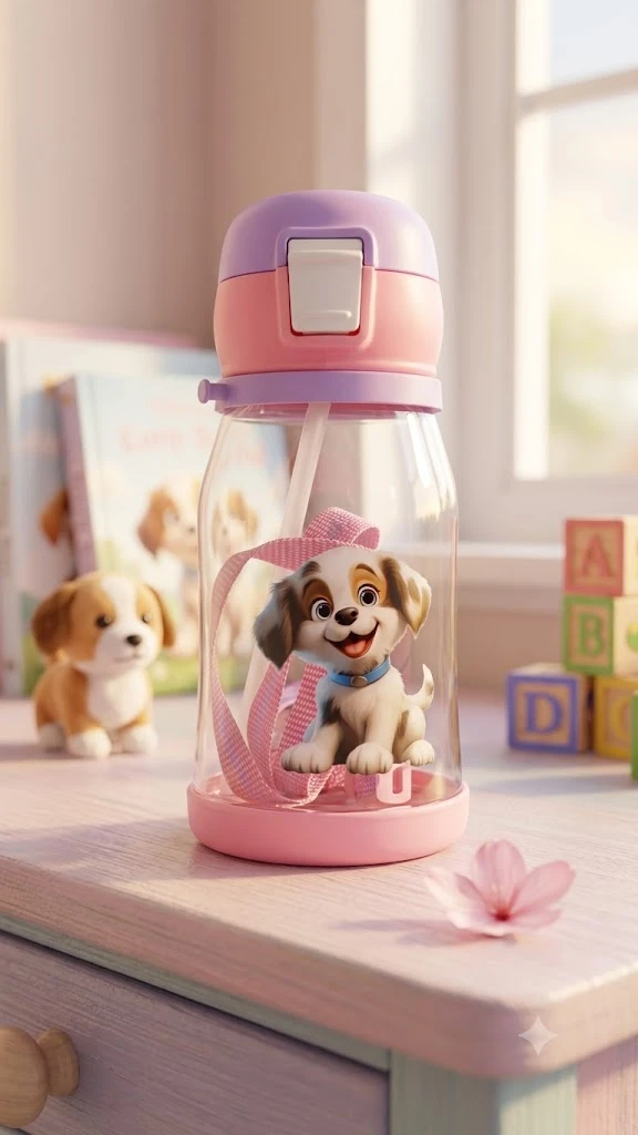 Puppy Print Kids' Water Bottle -500ml Color- (Pink, Purple)