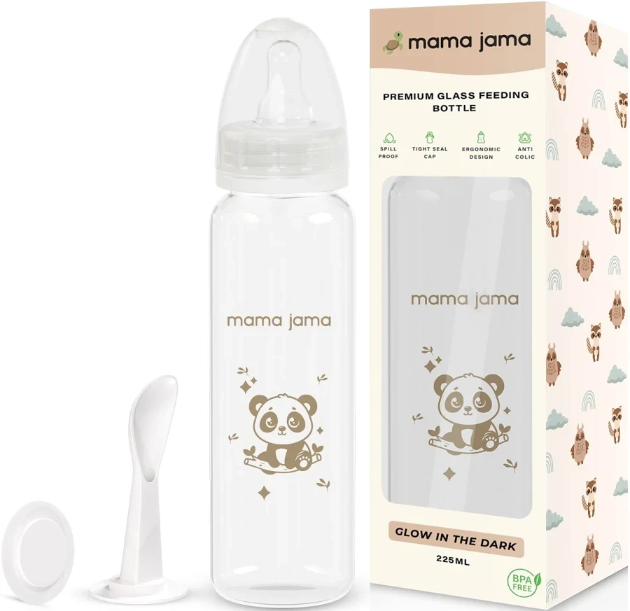 Mama Jama Premium Glass Feeding Bottle Brown Panda 225ml