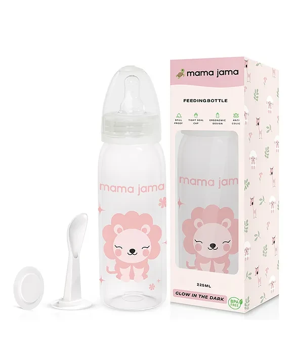 Mama Jama Glow In The Dark BPA Free Anti-Colic PP 225 ml Feeding Bottle (Pink, Lion )