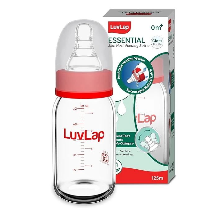 LuvLap Essential Slim Neck Glass Feeding Bottle, 125ml,with Anti Colic Nipple, White & Red, Pack of 1