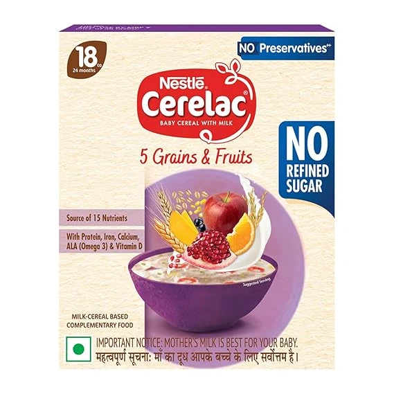 CERELAC Baby Food Cereal | No Refined Sugar | No Preservatives | 5 Grains & Fruits - 300 gm