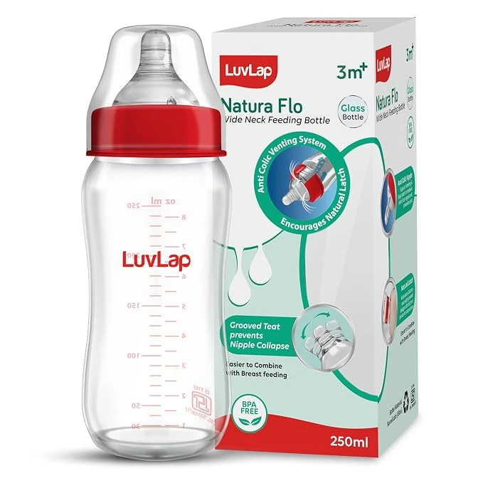 LuvLap Natural Flow Wide Neck Glass Feeding Bottle, Suitable for Newborns Pack of 1 - 250 ml (Red)