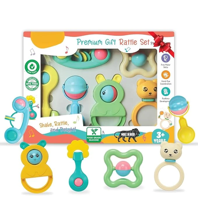 StarAndDaisy 6 Pcs Baby Rattle Gift Set & Teether Set | Safe, Non-Toxic Toys for Newborns 0+ Months | Colorful Soft Sound Rattles | Ideal for Baby Gift.