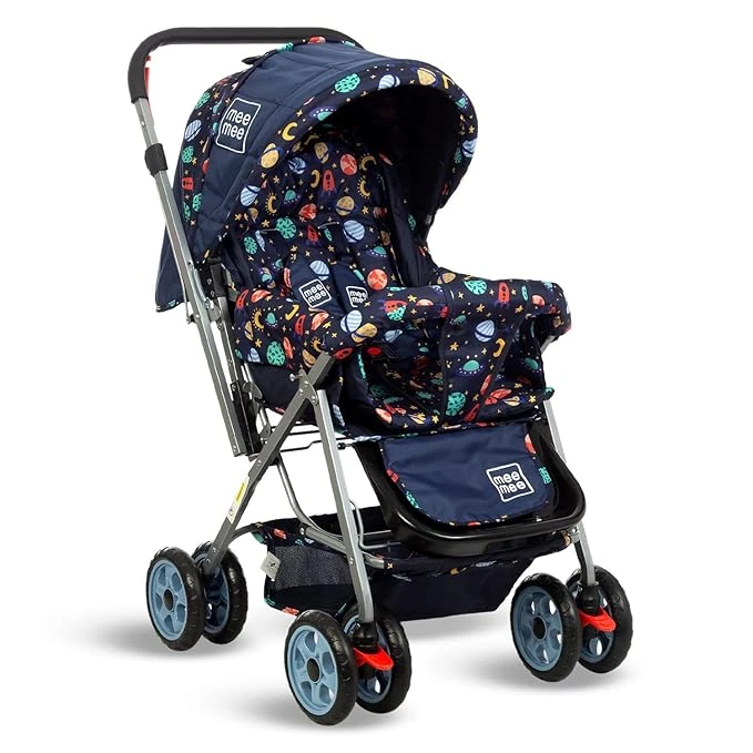 Mee Mee Little Explorer Baby Stroller/Pram for 0 to 3 Years, New Born/Kids, 5 Point Safety Harness, Adjustable backrest, 360 Swivel Wheel, Large Storage Basket, Reversible Handle (Navy Blue)
