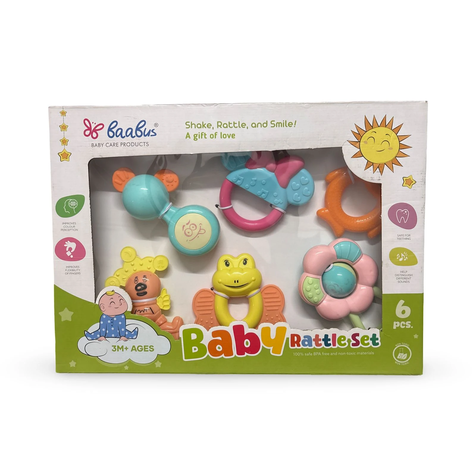 Baabus® Joyful Discovery: 6 Pcs Premium Baby Rattle Set with Teethers – Non-Toxic Infant Toy Gift