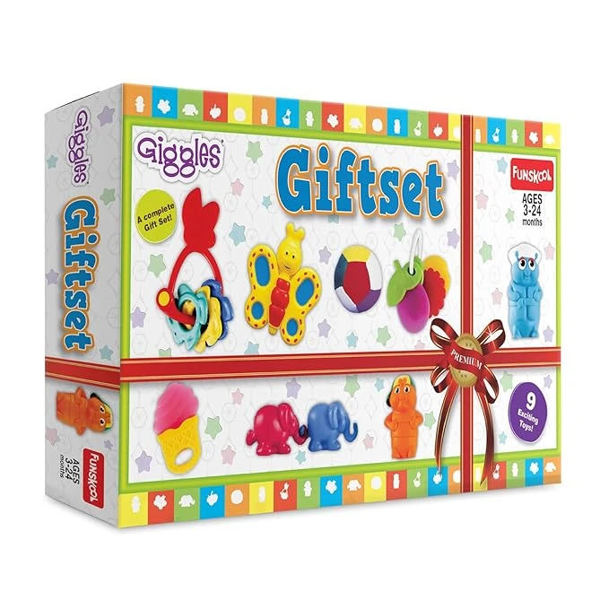 Giggles Funskool Gift Set Premium, Toy Set for Newborn Baby, Infants & Toddlers, Includes Rattle, Teether, Animals & Activity Toys With Development, Gift Set for Babies, Multicolor Age 3+ Months
