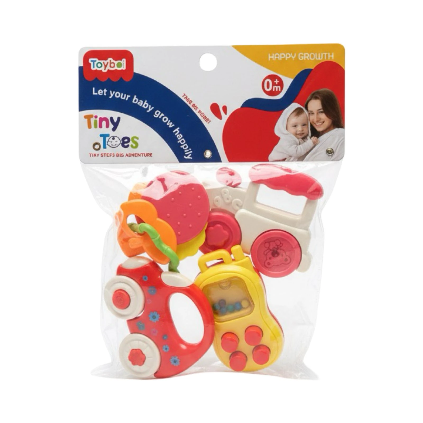 Toyboi Tiny Toes 4 Pcs Rattle & Teether Set – Happy Growth Sensory Toys for Newborns (0M+)