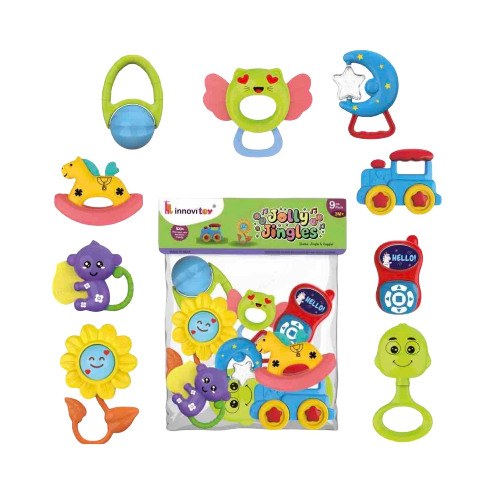 InnovitoY Jolly Jingles 9 Pcs Rattle & Teether Set – Sensory Development Toys for Babies 3 Months+