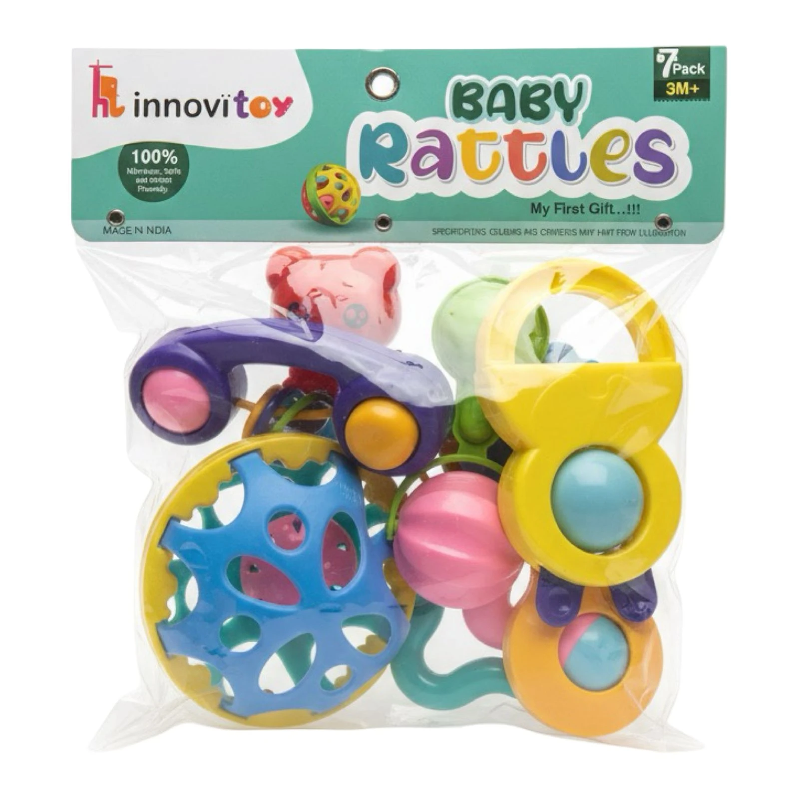 InnovitoY 7 Pcs Baby Rattles & Teether Set – 100% Non-Toxic & Skin Friendly | My First Gift (3M+)3