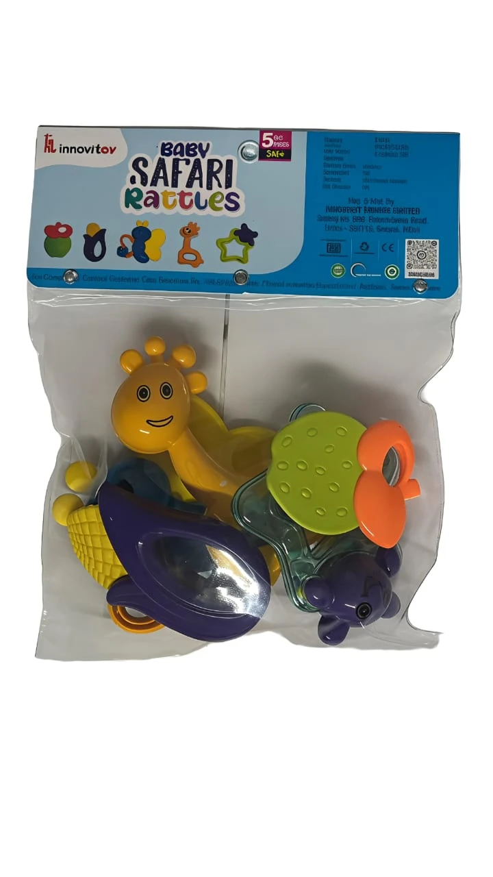 InnovitoY Baby Safari Rattles 5PC Set – Multicolor Rattle & Teether Toys for Sensory Development (3M+)