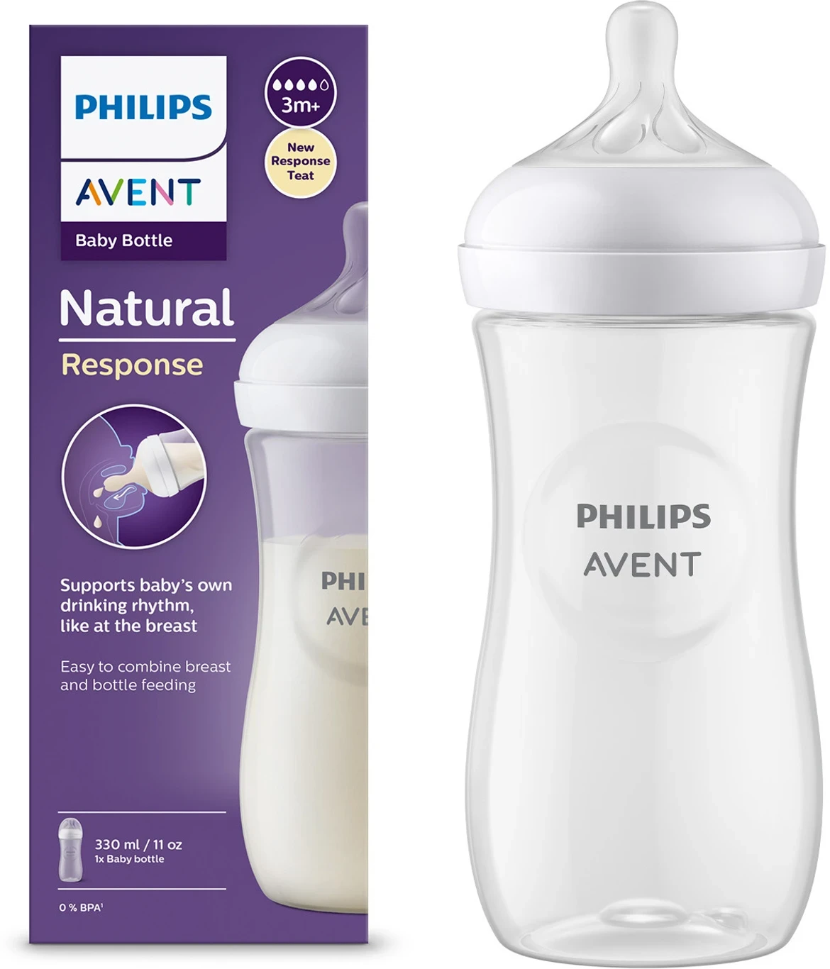 Philips Avent Natural Response Baby Bottle SCY906/01 |3m+ age | BPA free | Pack of 1 - 330 ml