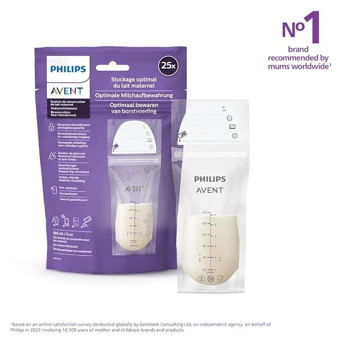 Philips Avent Breast Milk Storage Bags - 25 Bags | Ultimate Protection for Your Breast Milk | Can be stored in The Fridge or Freezer | Pre-sterilized for immediate use