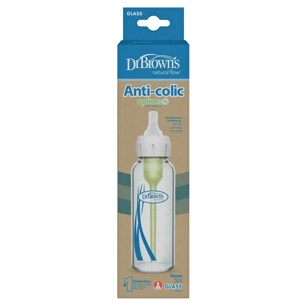 Dr. Brown’s Anti-Colic Options+ Narrow Glass Baby Bottle, 8oz/250ML, 1-Pack