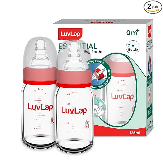 LuvLap Essential Slim Neck Glass Feeding Bottle, 125ml