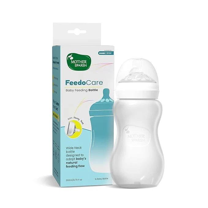 Mother Sparsh FeedoCare 260ml Wide Neck Plastic Baby Feeding Bottle | Ideal for 3 Months+ | Natural Feeding Flow | with Floezy Teat- Releases Milk only When Baby Drinks