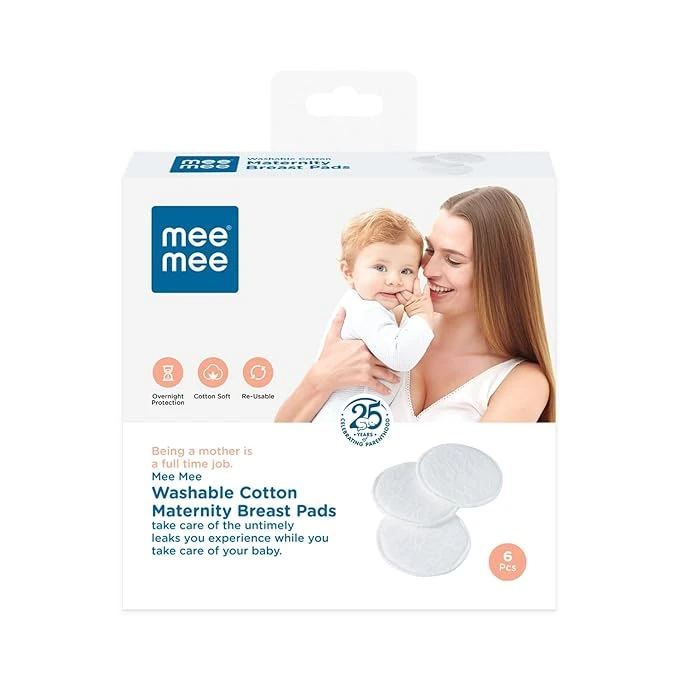 Mee Mee Reusable Cotton Maternity Breast Pads for Feeding Mothers (6 Pcs, White) | Washable,Absorbent Nursing Pads | Leak-Proof,Discreet Fit | Anti-Bacterial, Bamboo Rayon Pads,Dermatologically Tested