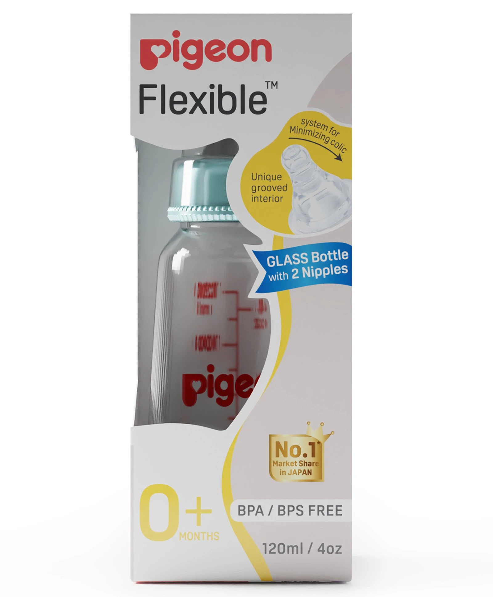 Pigeon Glass Feeding Bottle With 2 Nipples Large Pale Blue – 120 ml