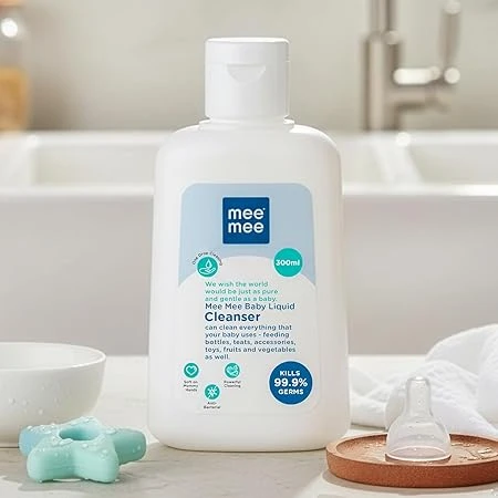 Mee Mee Baby Liquid Cleanser 300ml, Anti-Bacterial Kills 99.9% Germs | For Feeding Bottles, Nipples, Accessories, Toys, Fruits & Vegetables | No Alcohol, One Drop Cleaning, Dermatologically Tested
