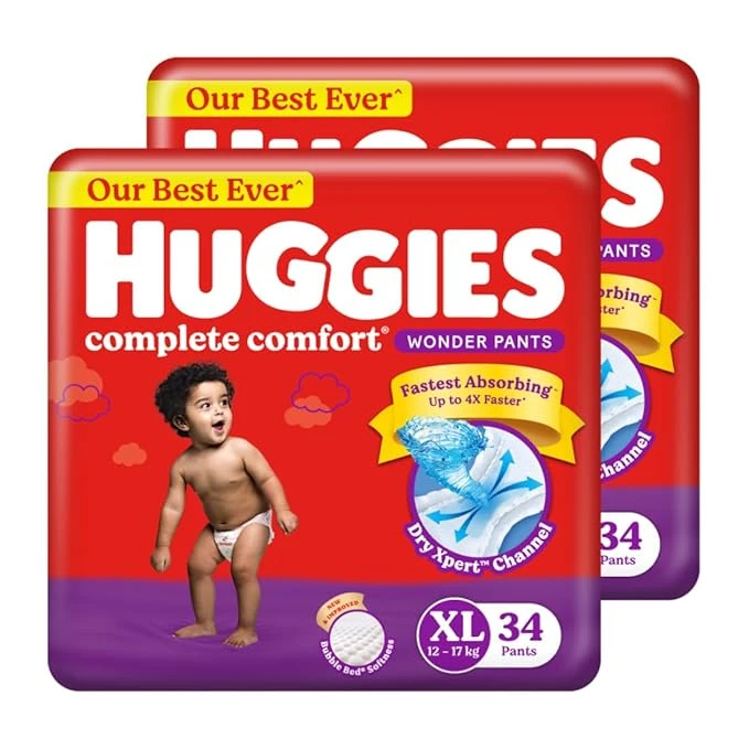 Huggies Complete Comfort Wonder Pants | Pant Style Baby Diaper Extra Large Size, 34Count | India's Fastest Absorbing Diaper, Prevents Diaper Rash, Ideal for 12 to 17 Kgs (34 Count,)