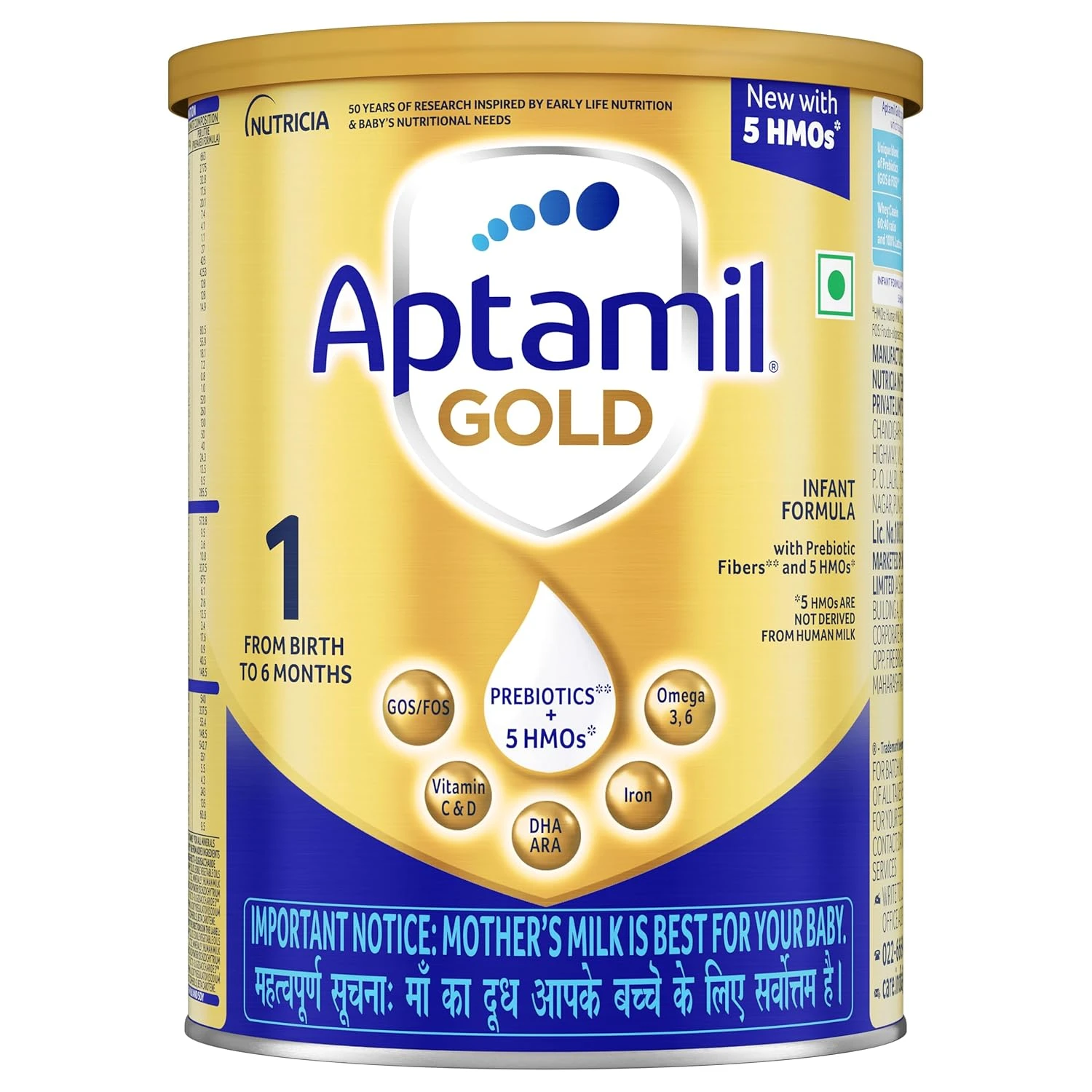 Aptamil Gold Infant Formula Milk Powder for Babies - Stage 1 (Upto 6 months) - with 5HMOs, Prebiotics and DHA - 400gms - Tin