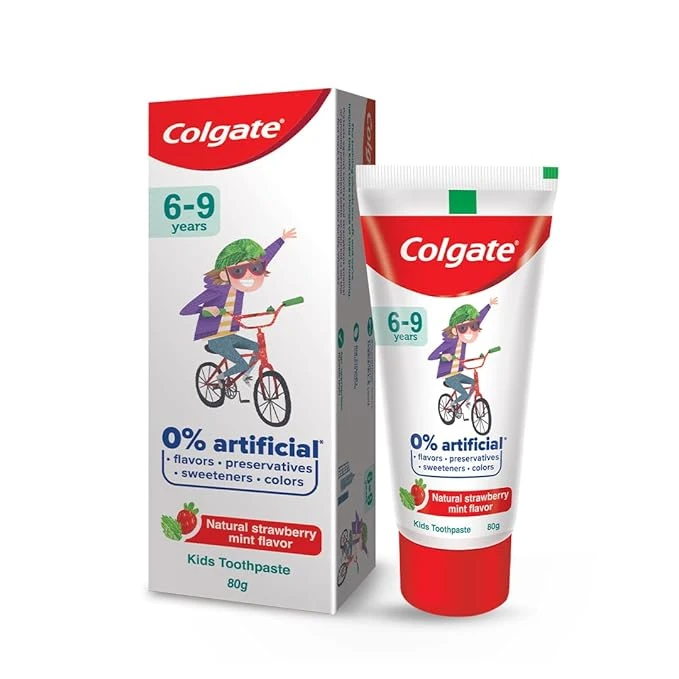 Colgate Kids Toothpaste with 0% Artificial Preservatives, Colours, Sweeteners for Whitening (6-9 Years, Natural Strawberry Mint Flavour - 80g Tube)