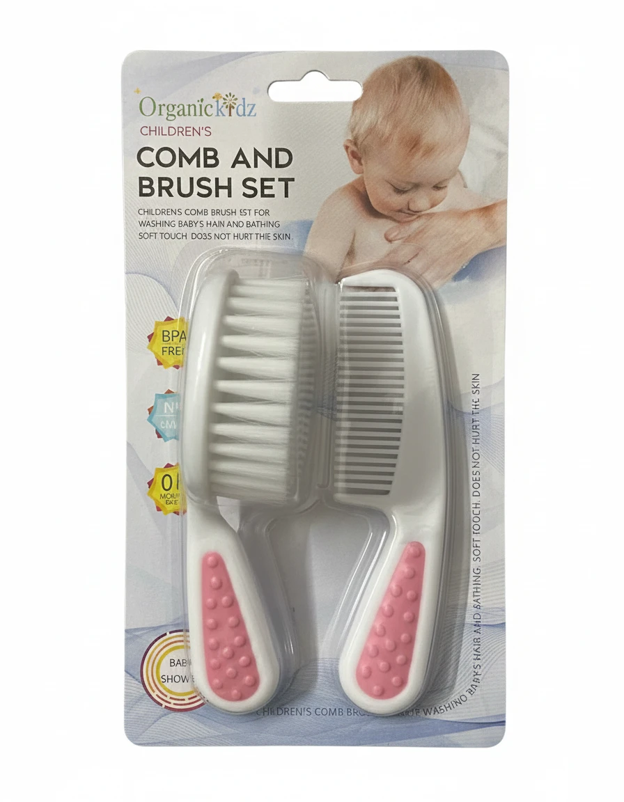 Organic Kidz Children's Comb and Brush Set (Pink) | Soft Bristle Grooming Kit for Newborns (0+ Months)