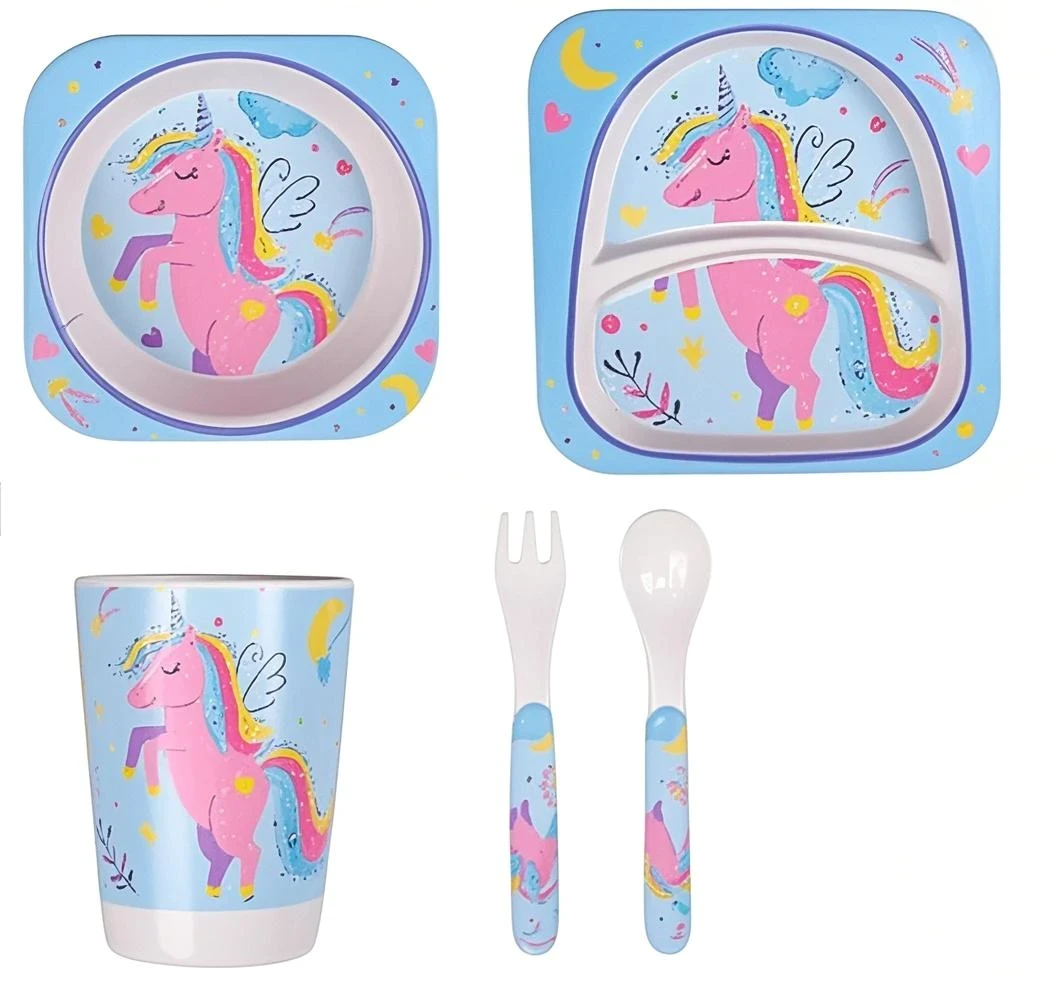 THE BAMBOO CO Sky Uncicorn Bamboo Kids/Baby Feeding Blue Cartoon Characters Food Safe 5 Piece Dinner Set
